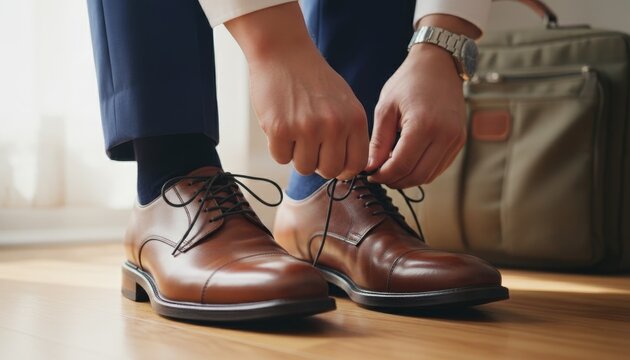 Man tying shoelaces on elegant brown leather shoes, dressing for work or special event