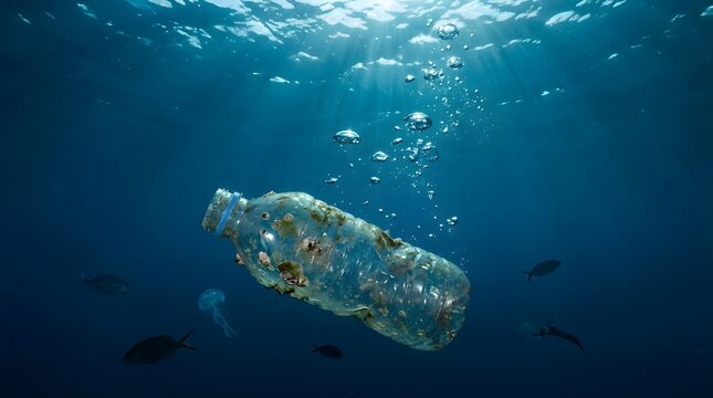 Plastic bottle floating underwater ocean pollution environmental damage marine life threat sustainability crisis and water contamination concept