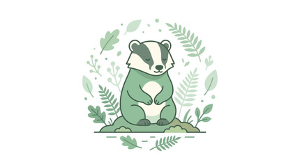 Obraz premium Cute Green Badger Meditating in a Circle of Leaves