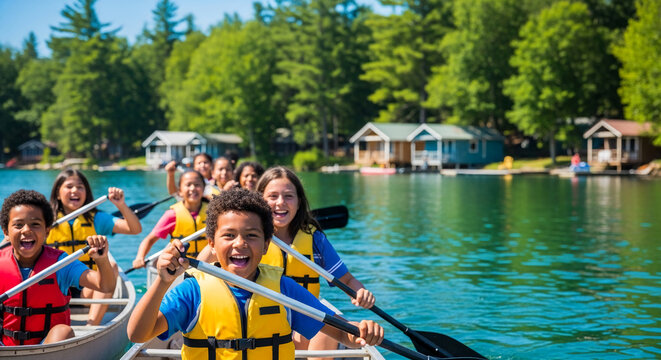 Group of kids rowing canoe on lake, wearing life vest. Representative of friendship, outdoor adventure, youth activity, summer camp, vacation