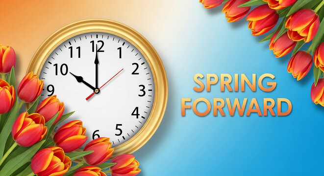 Clock with gold frame and tulips, symbolizing the arrival of spring. Gradient background represents transition. Spring Forward text visible