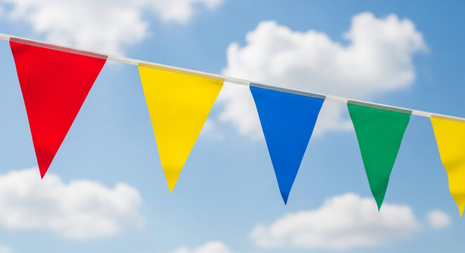 Several triangle flags of red, yellow, blue and green colors against blue sky with clouds, representing celebration, festivity and colorful event