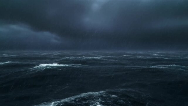 Stormy Ocean Waves Under Dark Sky with Rain and Lightning, Rough Sea During a Tempest.