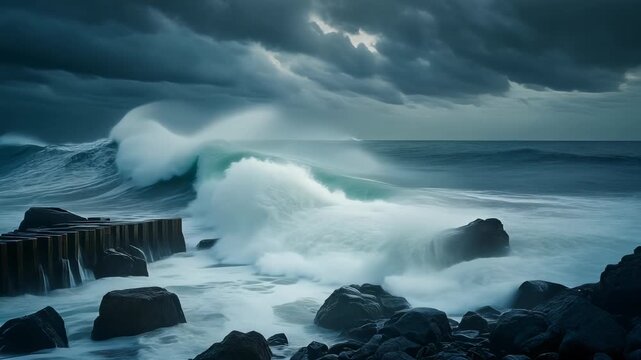 Dramatic Ocean Waves Crashing Against Rocky Shoreline Under Stormy Sky.
