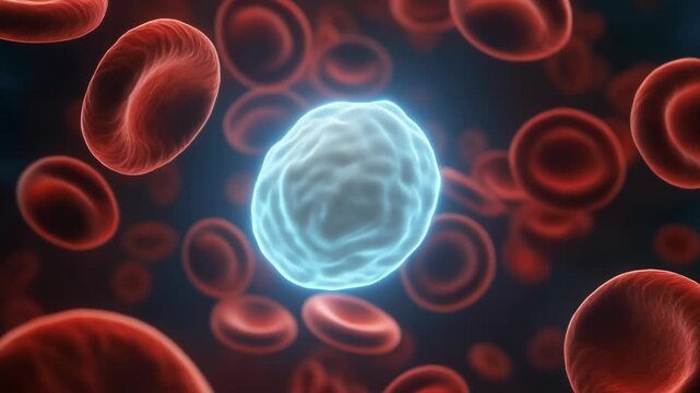 White Blood Cell Surrounded by Red Blood Cells in Human Bloodstream, Microscopic View of Immune System.
