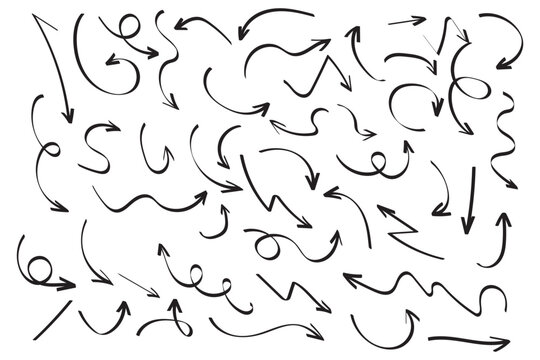 Hand drawn pen line highlight red set. Line red hand drawn pen marker stroke underline, arrow, check mark emphasis. Round oval, circle scribble frame, arrow elements . Vector illustration