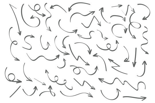 Hand drawn pen line highlight red set. Line red hand drawn pen marker stroke underline, arrow, check mark emphasis. Round oval, circle scribble frame, arrow elements . Vector illustration