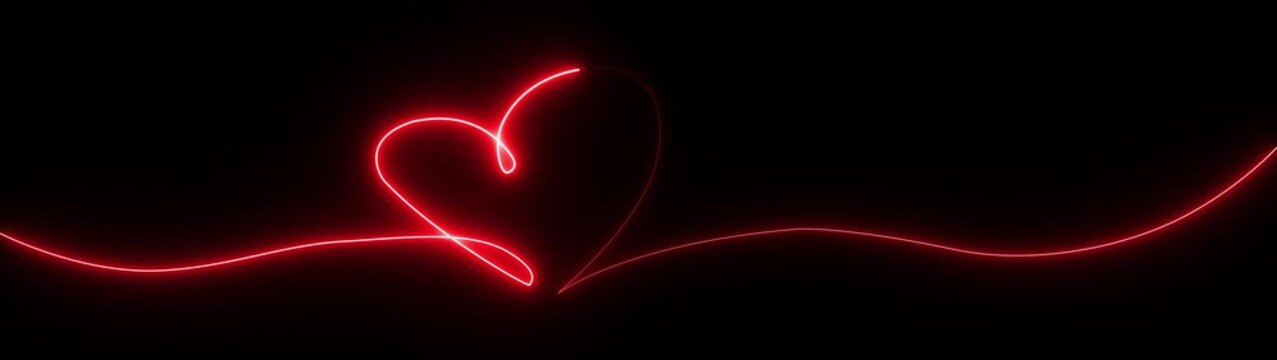 Neon heart line animation glowing red love symbol with continuous wave line on black background romantic valentine concept minimal design 4k visuals