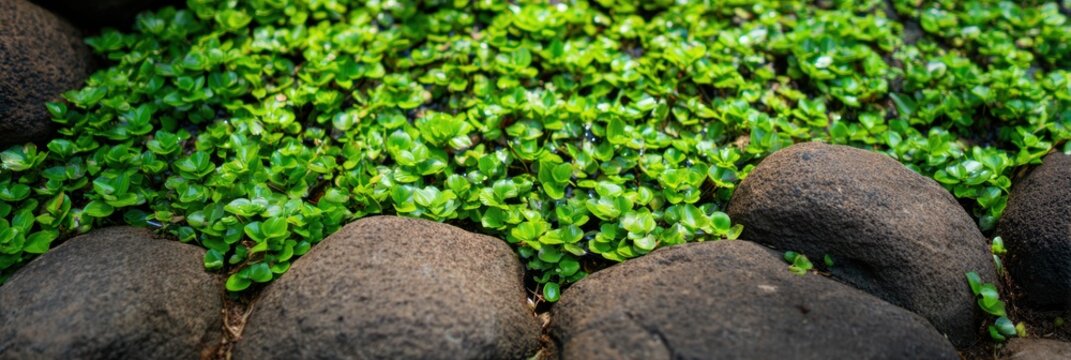 庭の石の間に生える緑豊かな植物
