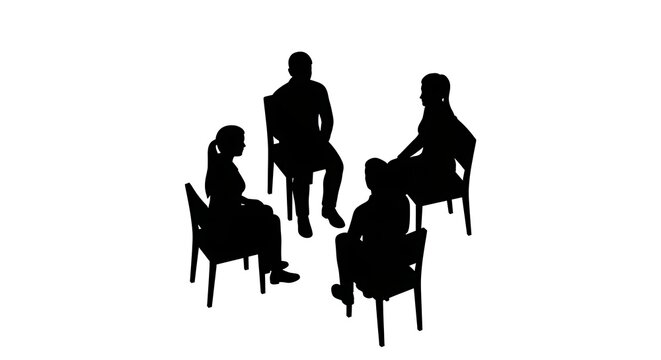 Silhouette of four people sitting in chairs in a meeting or discussion isolated on white background