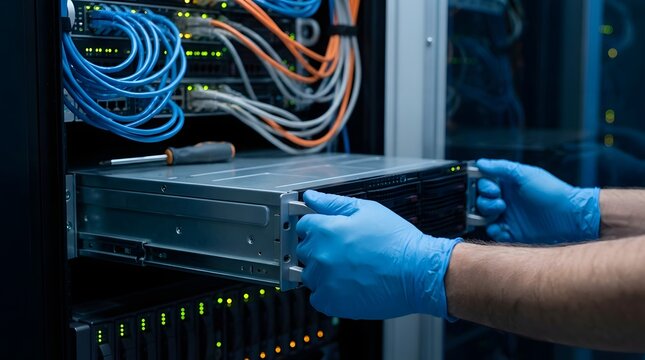 Technician installing server hardware in data center network infrastructure maintenance cybersecurity system management and IT support concept