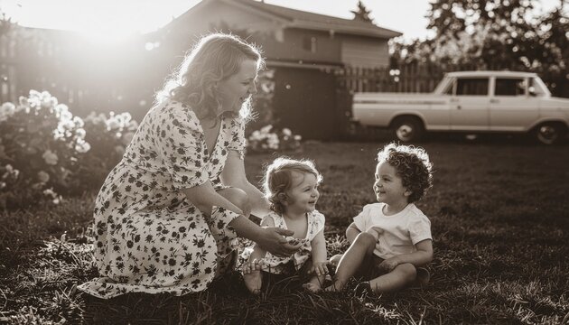 Vintage 1970s Style Family Moment in Backyard
