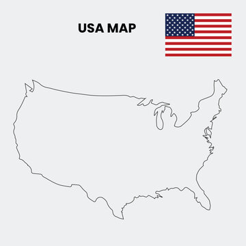 A simple line drawing of the United States of America with the American flag