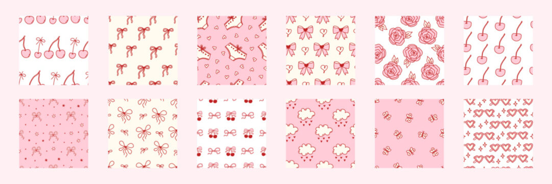 Cute cherry pattern set with pink bows and hearts. Seamless girly print for Valentines Day fabric, gift wrap, or romantic spring textile design with adorable fruit motifs. Vector illustration