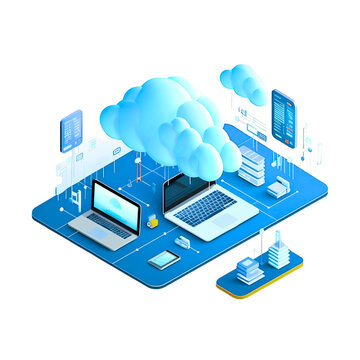 3D isometric cloud computing workspace with digital devices and data flow