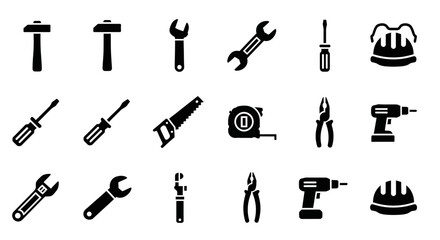 Obraz premium Comprehensive toolkit of essential hand tools and protective gear, presented as sleek black silhouette icons for construction, repair, and DIY projects