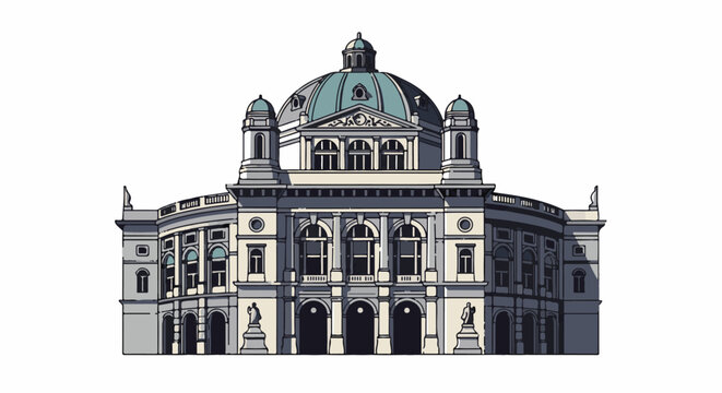 Detailed illustration of a grand domed classical building with arched entrances