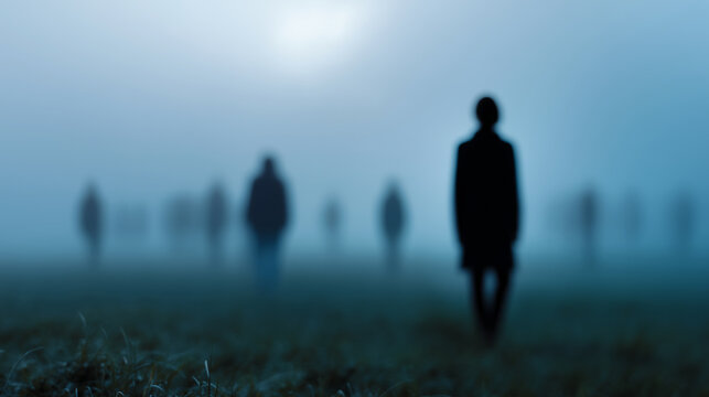 Anonymous shadow figures in fog, eerie blurred people in mist, surreal mystery background, haunting atmosphere, abstract concept of fear and isolation shadow figures, blurred peopl