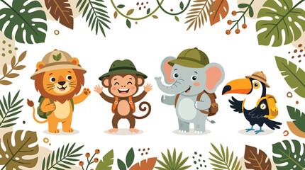 Naklejka premium Cute Safari Animals Adventure: Lion, Monkey, Elephant, Toucan in Jungle Frame