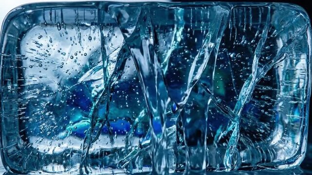 Abstract ice block texture with cracks, bubbles, and shimmering blue hues. Detailed close-up of frozen water surface, cool background concept.