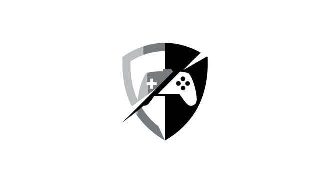 Modern gaming shield logo with controller and D-pad