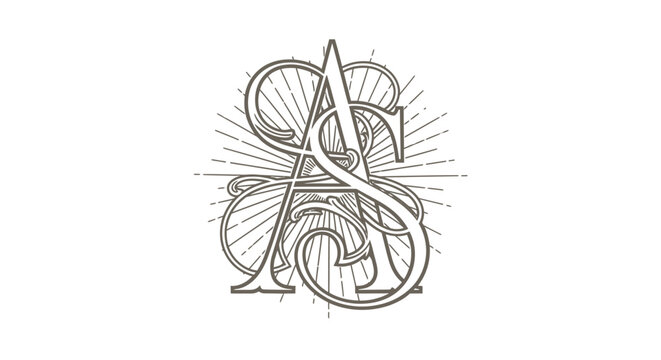 Ornate AS monogram with sunburst lines on white background