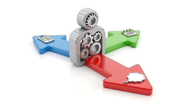 Colorful 3D visualization showing data clusters with a mechanical structure