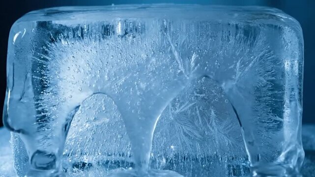 Detailed close-up of a clear ice cube with intricate internal frost patterns and bubbles, highlighting cold and frozen water texture.