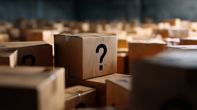 Mystery cardboard parcels in storage, boxes with question marks, unknown shipment concept, logistics background, surprise delivery and hidden contents mystery boxes, shipping carto