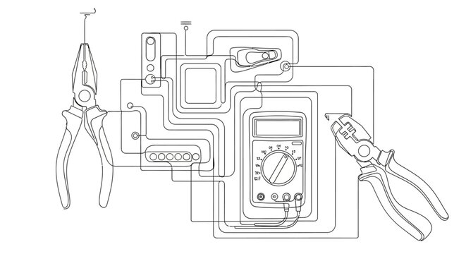 Technical line art of electrical circuit with tools and multimeter