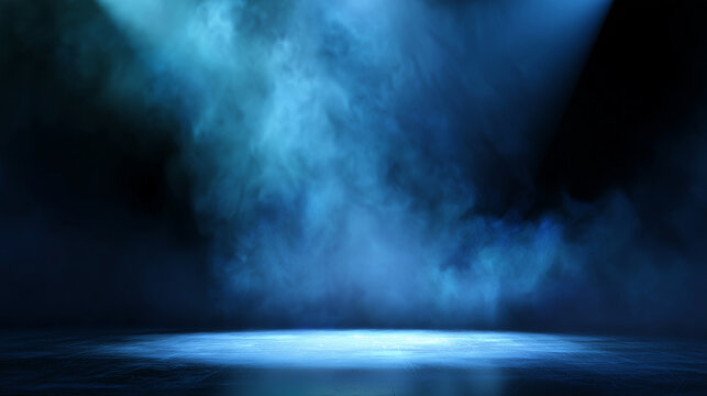 Blue glowing smoke stage background, dark abstract mist with spotlight, futuristic empty scene, cinematic vapor texture, neon atmospheric backdrop for presentation blue smoke backg