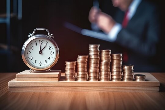 Alarm clock and increasing coin piles symbolizing financial growth and time value