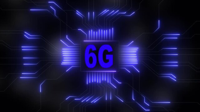 Glowing 6g network lines connecting digital data points on a dark abstract background , Futuristic 6G network visualizes digital data, Glowing lines and circuits enhance global connectivity .