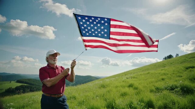A man proudly holds an American flag in a serene green field, embodying patriotism and freedom on a sunny day.