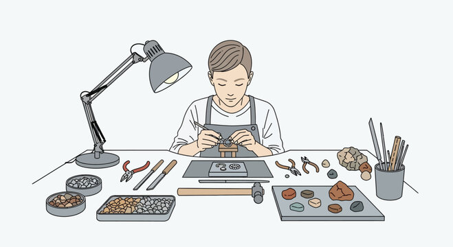 Person meticulously crafting jewelry at a well-equipped workbench.