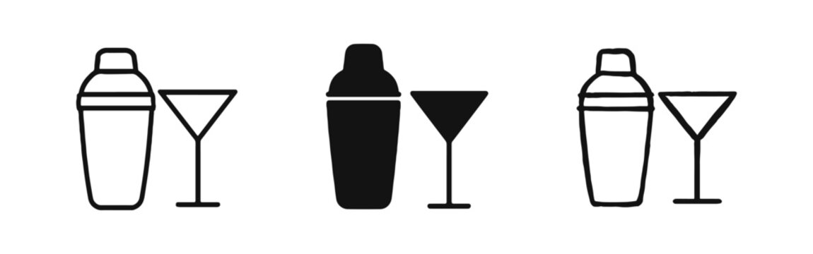 Cocktail Shaker and Martini Glass Icons: Bar Tools and Drink Symbols in Outline, Solid, and Hand-Drawn Styles