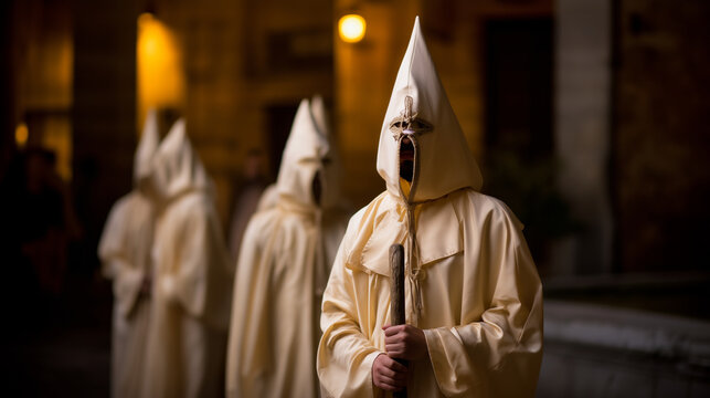 Hooded penitents during Semana Santa procession in Spain, Holy Week religious tradition, Catholic Easter ceremony, historic devotion and sacred cultural heritage Semana Santa, East