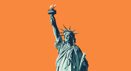 The iconic Statue of Liberty stands tall against a vibrant orange background, its torch held high. © Naruto