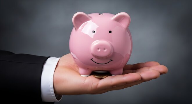A pink piggy bank sitting on a persons hand with a coin underneath