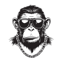 Fototapeta premium vector illustration of a monkey with a chain necklace and sunglasses