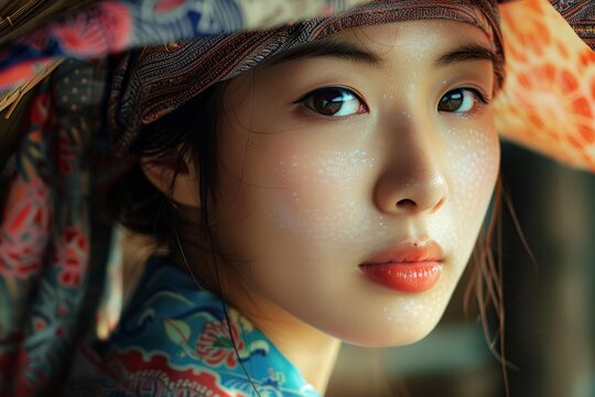 Portrait of a beautiful young asian woman with thanaka paste on her face, wearing traditional clothing and hat