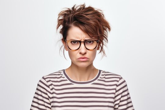 Young woman with messy hair and spectacles frowning in studio portrait against white background