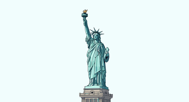 The iconic Statue of Liberty, a symbol of freedom and democracy, stands tall against a clear, bright sky, showcasing its distinctive copper-green patina.