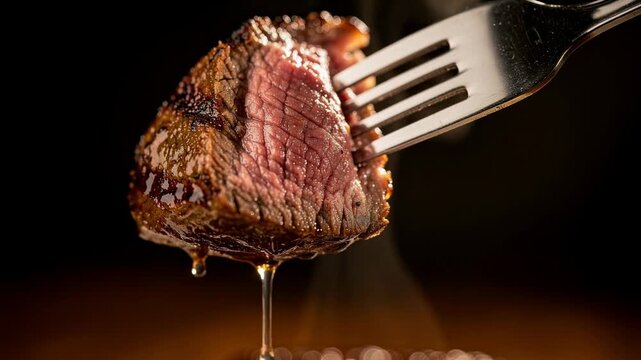 Juicy grilled steak slice dripping with sauce on a fork close up with dark background