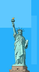 Fototapeta premium Stylized illustration of the Statue of Liberty against a vibrant blue background, showcasing the iconic monument of freedom and democracy.