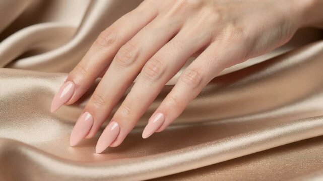 Elegant female hand with glossy nude pink manicured nails on silky beige fabric background