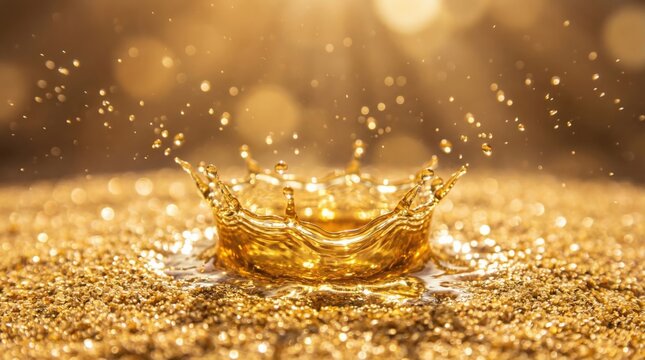 Golden Splash of Liquid: Witness the captivating moment a liquid crown is formed. A splash of liquid, transforming into an ephemeral crown, radiating with brilliance.