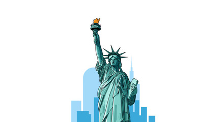 The iconic Statue of Liberty stands tall against a backdrop of New York City skyscrapers, symbolizing freedom and hope. © Pitu