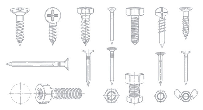 Collection of screws, nails, bolts, and nuts technical drawings