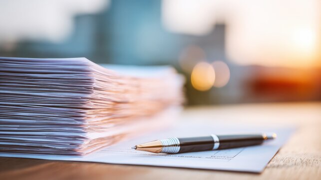 Close-Up View of Stacked Documents with a Black Pen on a Wooden Table Against a Blurred Background at Sunset